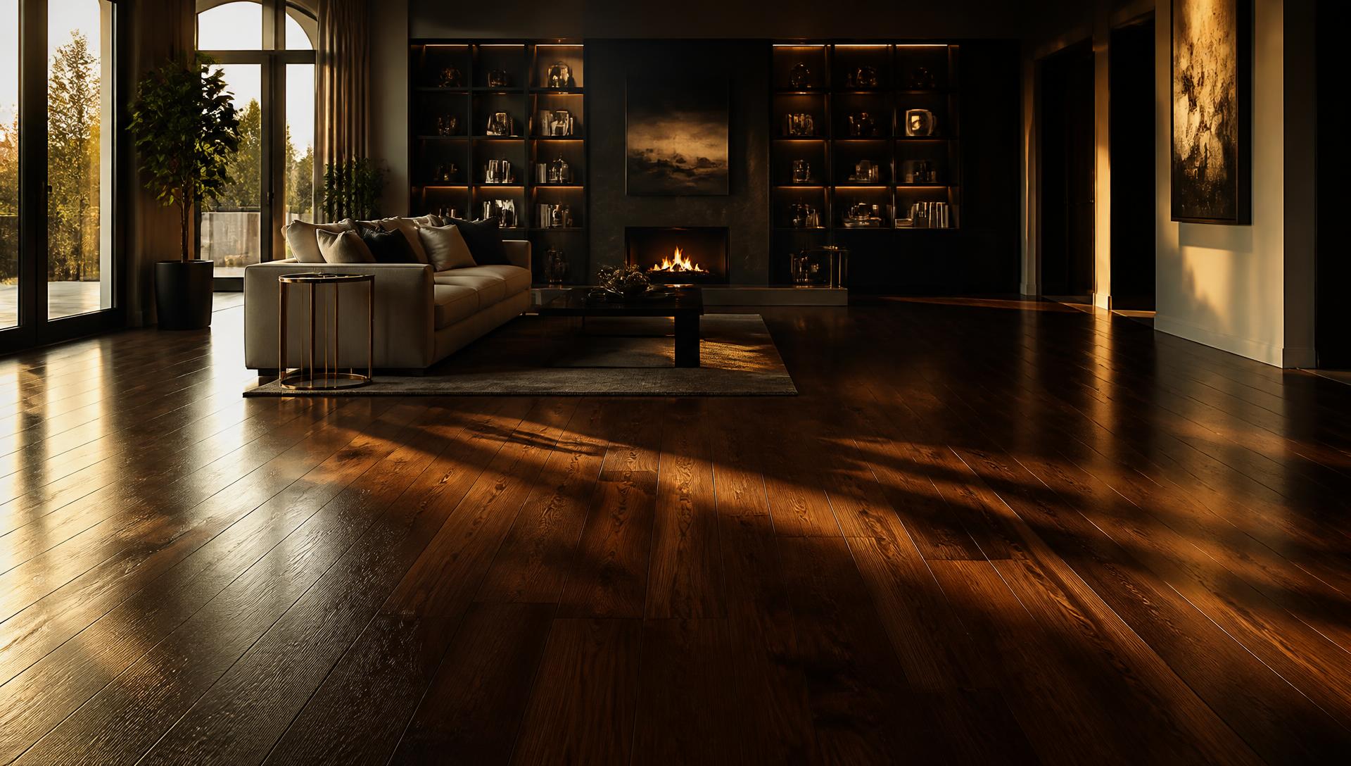 Freshly refinished dark hardwood flooring in a luxury living room
